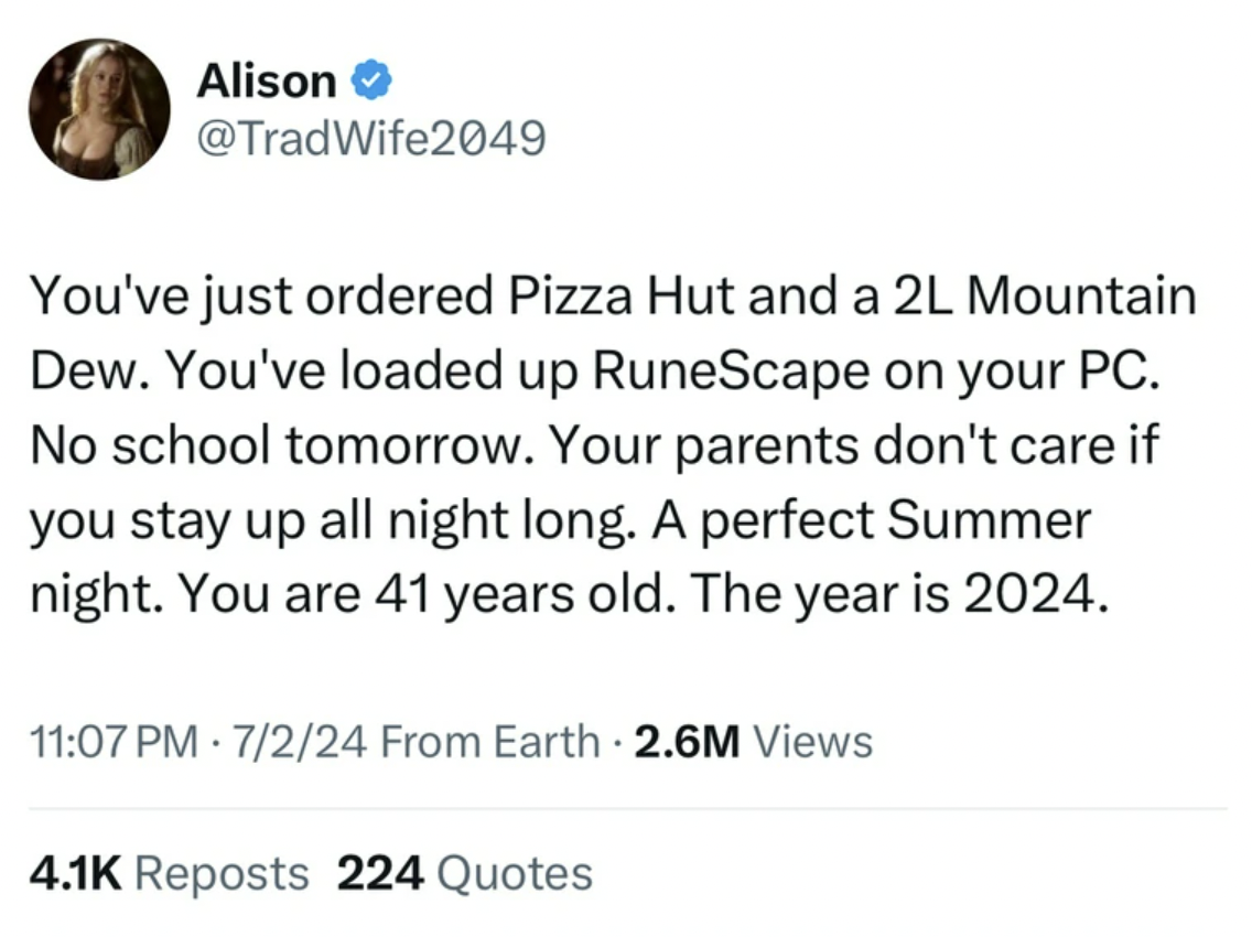 screenshot - Alison You've just ordered Pizza Hut and a 2L Mountain Dew. You've loaded up RuneScape on your Pc. No school tomorrow. Your parents don't care if you stay up all night long. A perfect Summer night. You are 41 years old. The year is 2024. 7224